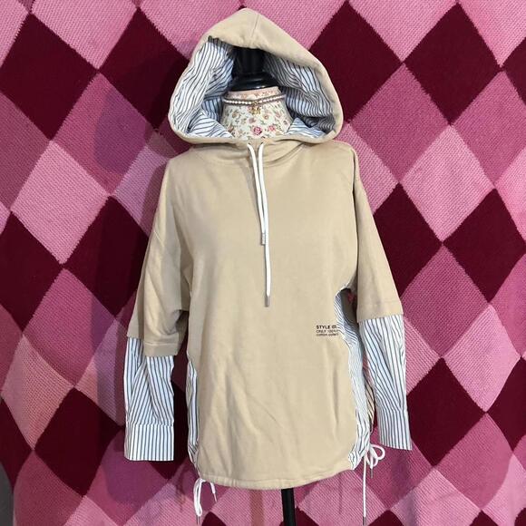 Zara Tops - Zara pinstripe shirt beige oversized hoodie